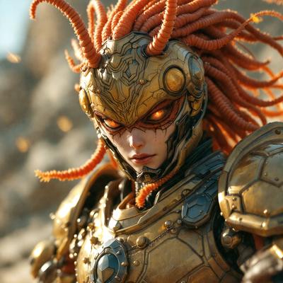 The primary subject of the image is a woman wearing a unique and intricate costume. She is dressed in a gold and orange outfit, which includes a headpiece with long orange hair. The setting appears to be a rocky environment, with the woman standing in front of a rocky background. The visual style of the image is a combination of digital art and illustration, creating a striking and eye-catching scene. The colors and mood of the image are vibrant and bold, with the gold and orange t